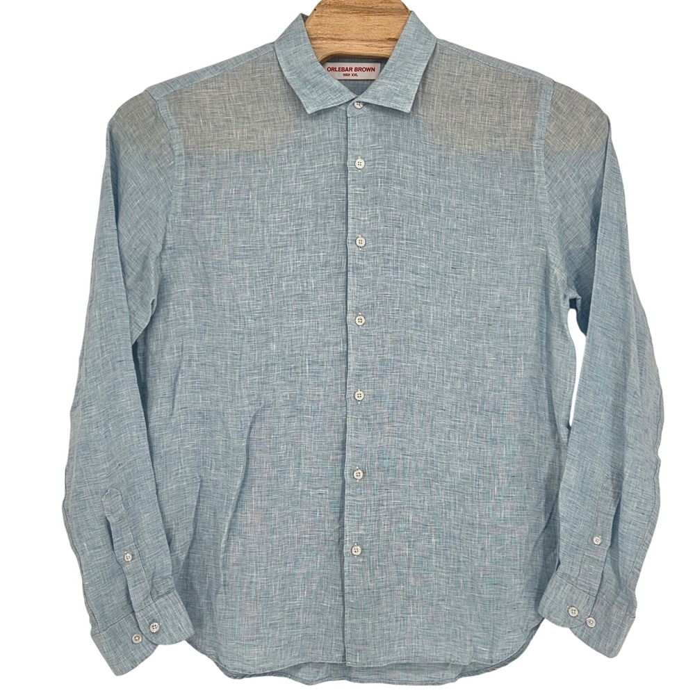 Orlebar Brown Men's XXL Giles Pure Linen Long Sleeve Button‎ Up Shirt Light Blue